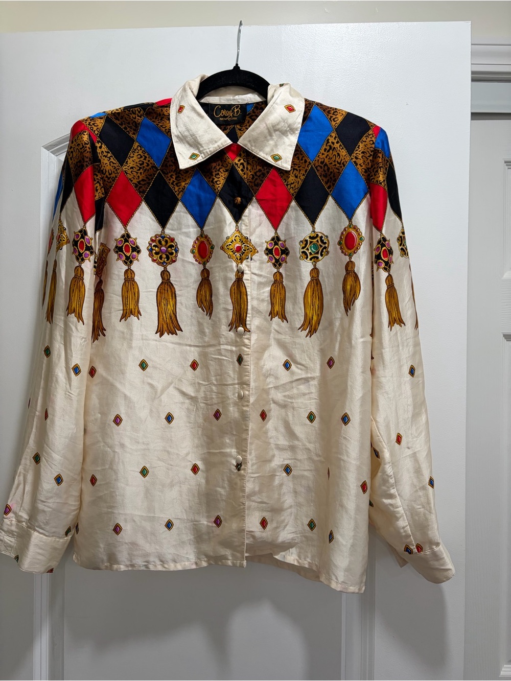 VTG Corey B. New York Baroque Geometric Print Silk Blouse Size M | Jewel Tassel